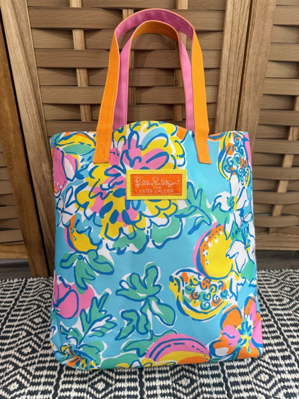 Lilly Pulitzer x Estée Lauder Floral Blue Pink Orange Yellow Green Canvas Tote